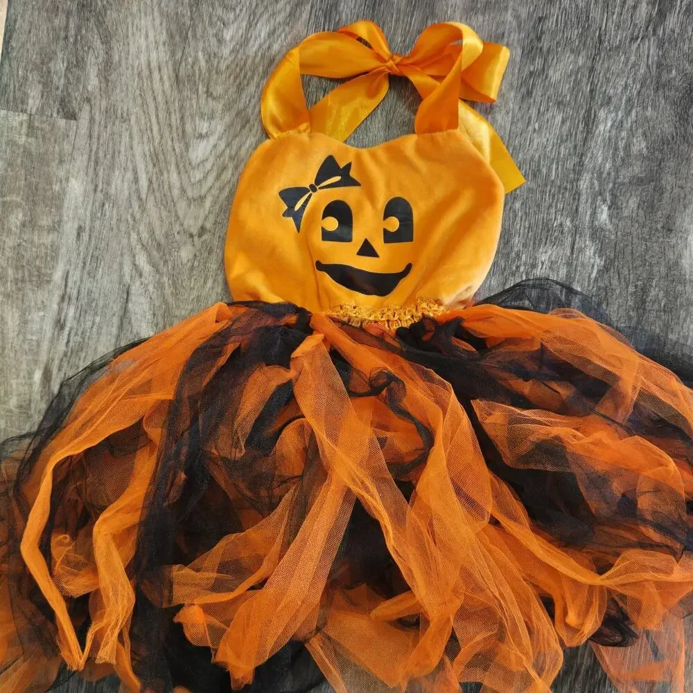 Halloween Costume Pumpkin‎ Dress Orange Black Tulle Skirt Dress Toddler M 3T ?